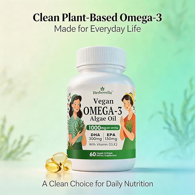 Vegan Omega 3 Softgels from Algae Oil – Fish Oil Alternative DHA 300mg EPA 150mg with Vitamin D3 K2 No Fishy Taste Plant-Based Omega-3 Supplement