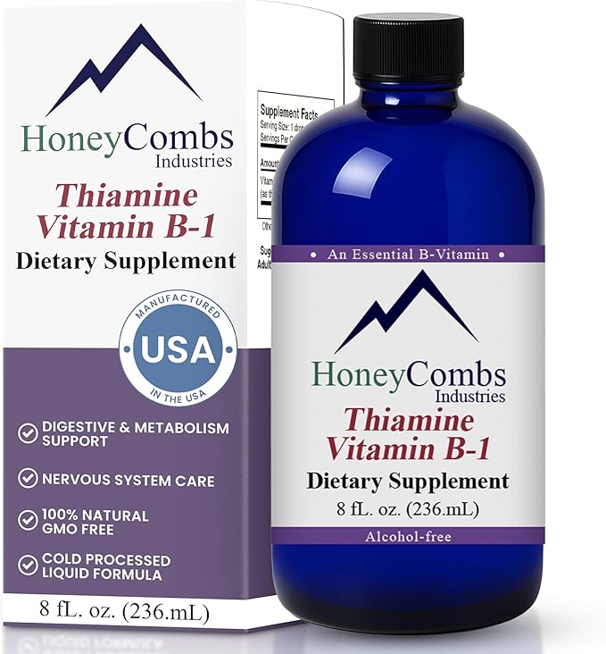 HoneyCombs Vitamin B1 Supplement (Thiamine) Liquid Drops - High Potency Thiamine B1 Supplement for Men &amp Women - Maintain Nervous System Energy &amp Overall Health - Vegan Liquid B Vitamins (8 F