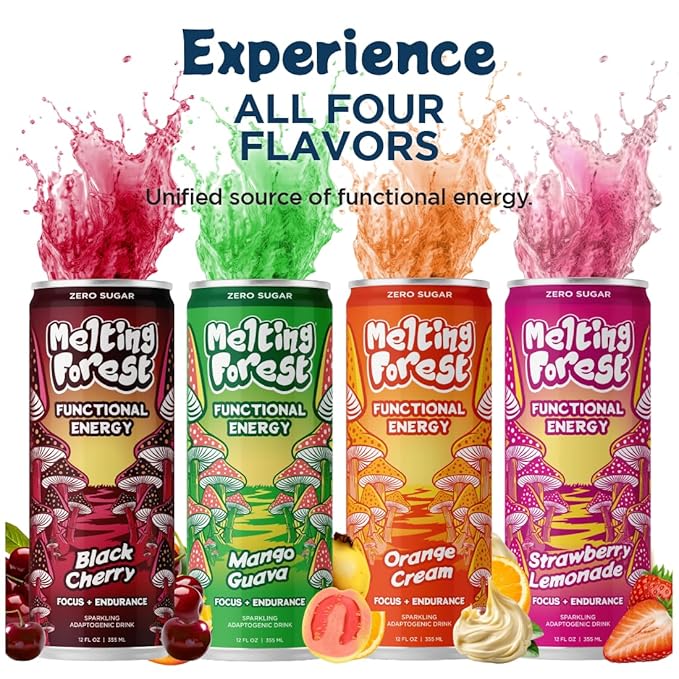 Melting Forest Mushroom Energy Drink L-Theanine Cordyceps &amp Lion's Mane 150mg of Caffeine Energy &amp Focus Cognitive Function &amp Mental Clarity Strawberry Lemonade (12 Pack)