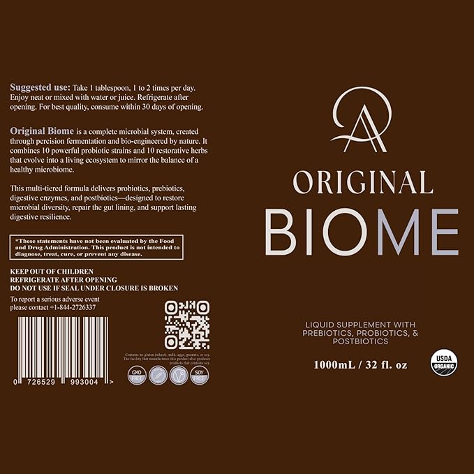 Original Biome Liquid Probiotic Supplement | Certified Organic Tri-Biotic with Prebiotics Probiotics &amp Postbiotics | 10 Probiotic Strains + 10 Fermented Herbs | Slow Fermented | 32 fl oz