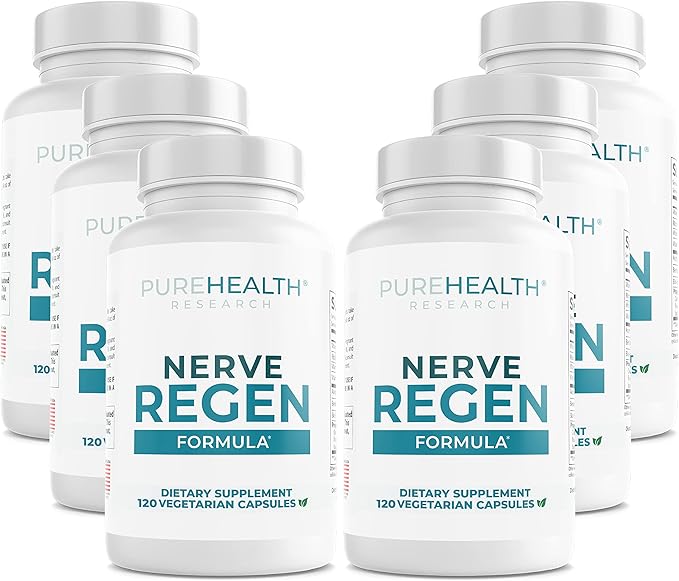 PUREHEALTH RESEARCH Nerve Regen Formula - Nerve Support Supplement for Feet &amp Hands - with Alpha Lipoic Acid ALA Benfotiamine Acetyl L-Carnitine Vitamin B2 B6 B12 D3 &amp More - 6 Bottles
