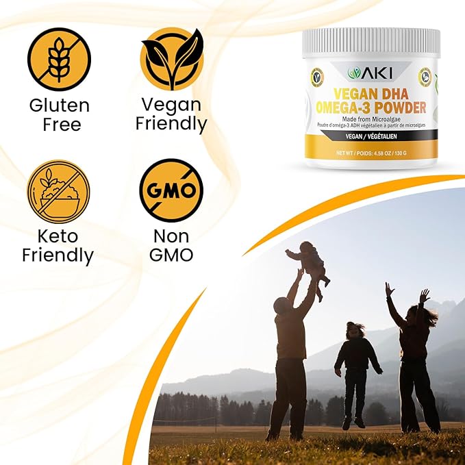 AKI Omega 3 DHA Micro Algae Powder Supplements - Plant Based Keto Vitamin - Alternative to Fish or Krill Oil - Vegan &amp Non-GMO (4.58oz/130g)