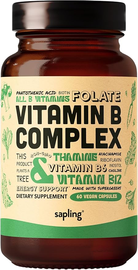sapling Vegan Vitamin B Complex - Whole Food Blend with Essential B Vitamins B1 B2 B3 B5 B6 B7 Folate B12-60 Caps