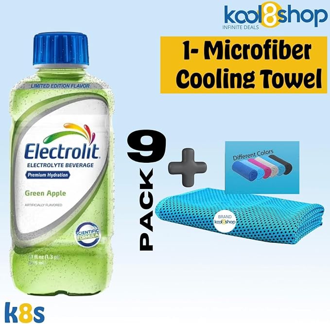 Electrolit Green Apple Hydration Drink With Electrolytes 21 fl oz Plastic Bottles 9 Pack + 1 Microfiber Cooling Towel by KOOL8SHOP Infinite Deals