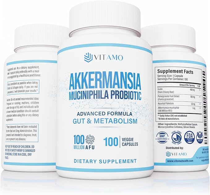 Vitamo Akkermansia Muciniphila Probiotic Supplement - 100 Million AFU GLP-1 Activator for Weight Loss Support - Metabolic &amp Digestive Health for Men &amp Women – Made in USA – 100 Capsules