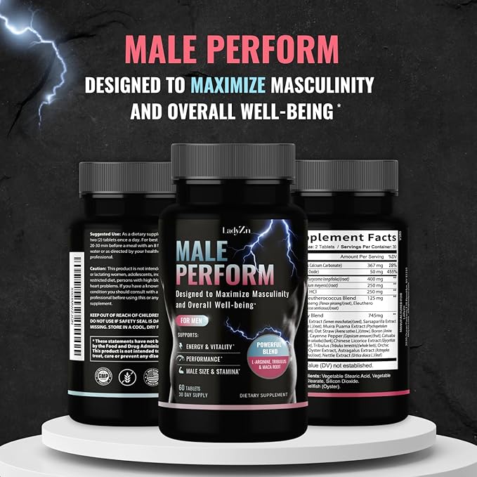 Male Perform - Male Enhancing Supplement for Energy Stamina Performance &amp Vitality Pills for Men with L-Arginine and Tribulus - Boost Muscle Growth Size Strength and Endurance 60 Tablets
