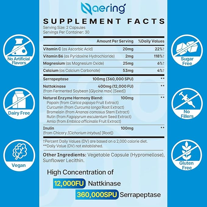 Liposomal Nattokinase 12000 FU Serrapeptase 360000 SPU Enzyme Supplement - Enriched with Synergistic Enzymes and Nutrient Blend &amp Inulin for Circulatory Gut Digestion 60 Capsules (1 Bottle)