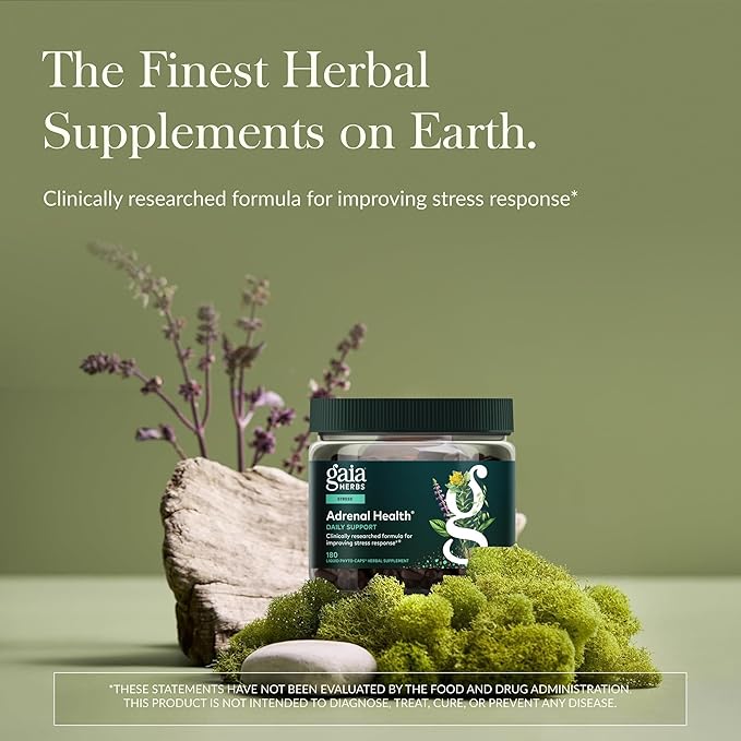 Gaia Herbs Adrenal Health Daily Support - Herbal Supplement with Ashwagandha Holy Basil &amp Schisandra - Help Maintain Healthy Energy &amp Stress Levels* - 180 Vegan Liquid Phyto-Caps (90 Servings