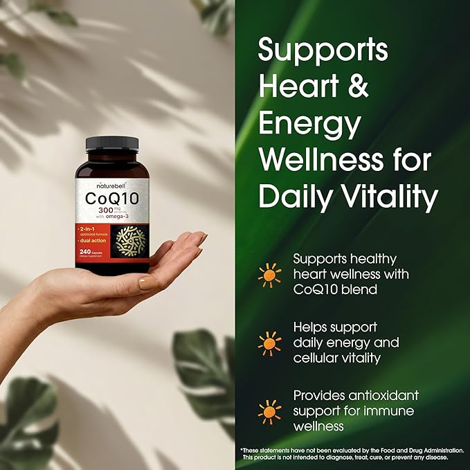 NatureBell CoQ10 300mg - 240 Capsules - High-Potency Support for Healthy Heart - Daily Energy &amp Vitality Aid with Antioxidant Support - Easily Absorbed Ubiquinone &amp Omega-3*