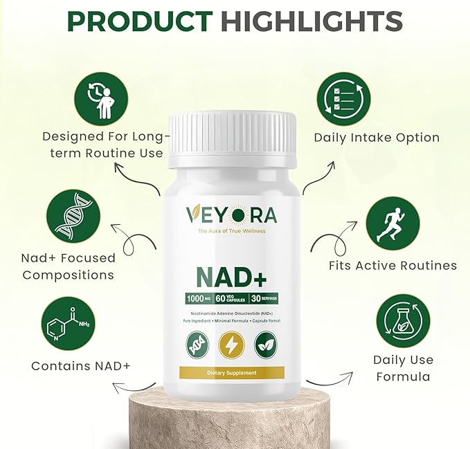 NAD+ 1000 mg | 60 Vegan Capsules | Nicotinamide Adenine Dinucleotide (NAD+) | Dietary Supplement | Non-GMO | Gluten-Free | Made for USA