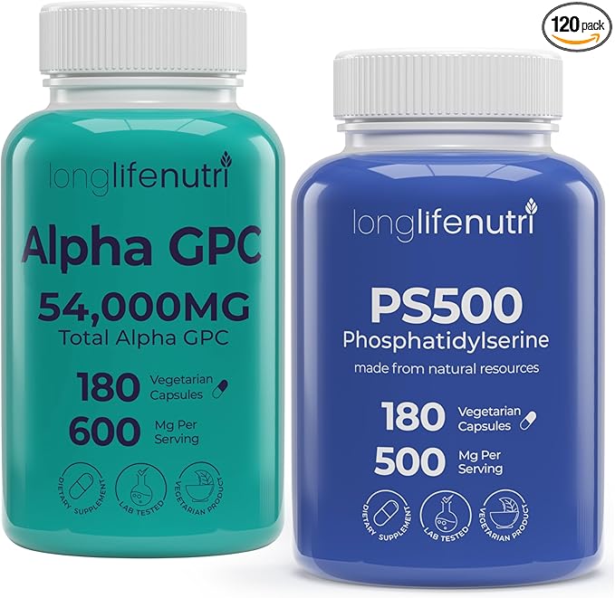 LongLifeNutri Alpha GPC 600 mg &amp Phosphatidylserine 500 mg Bundle – 180 + 180 Veg Caps 3 &amp 3 Month Supplies Cognitive Memory &amp Focus Support Non-GMO GMP Certified Made in USA
