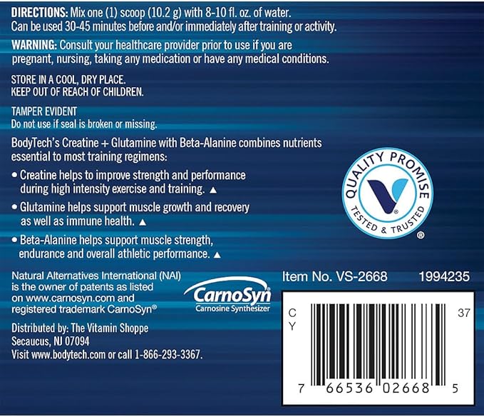 BodyTech Creatine + Glutamine with Beta Alanine Powder Supports Training &amp Recovery Pre Workout &amp Post Workout Supplement for Men &amp Women Unflavored Gluten Free 10.8 Oz 30 Servings