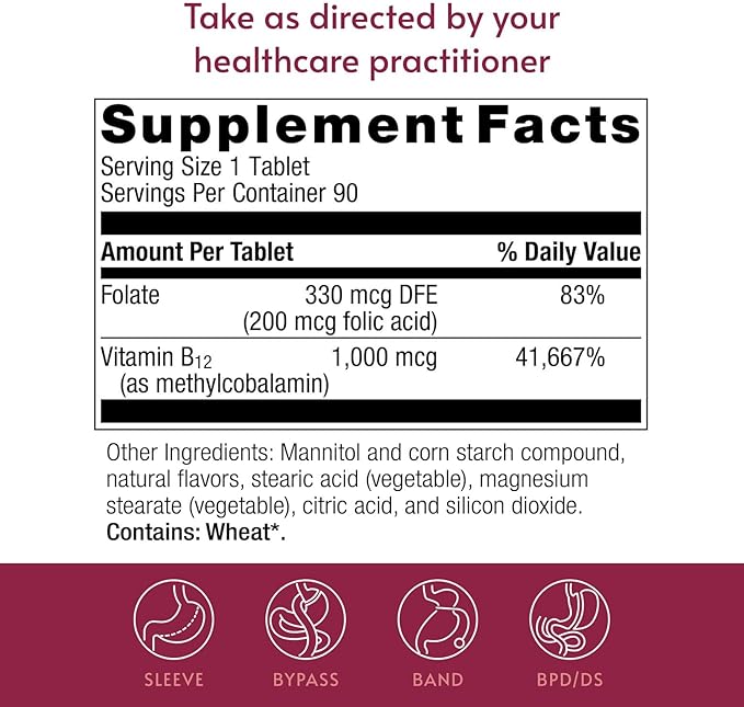 Bariatric Advantage B-12 Speedy Melts Vitamin B12 1000 mcg Supplement Fast Melting with 200 mcg of Folic Acid for Nutritional Support - Black Cherry 90 Count
