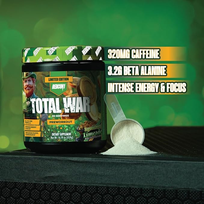 REDCON1 Total War Pre Workout - Leprechaun Limeade 320mg Caffeine Beta Alanine + L-Citrulline Malate Increase Pump &amp Focus (30 Servings)