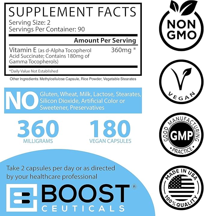 BoostCeuticals Gamma E 90mg Mixed Tocopherols - Inflammation Support Heart Health Nitrogen Free Radical Protection Prostate Health Omega 3 Synergy Non-GMO 180 Vegan Capsules