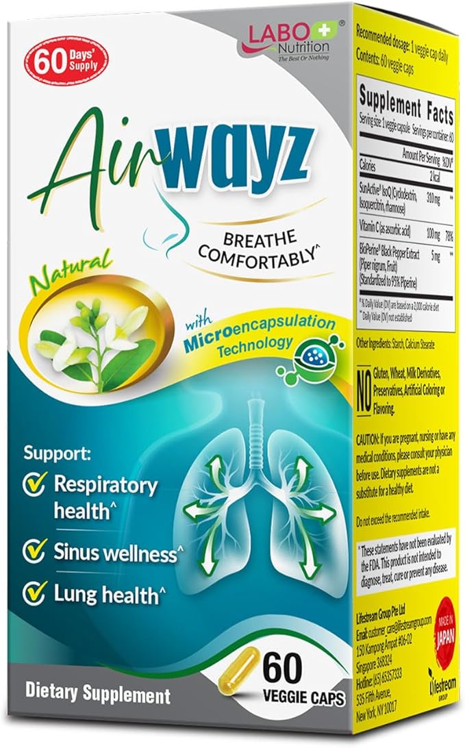 LABO Nutrition AirWayz Quercetin Vitamin C Black Pepper Extract Supplement| 60 Veggie Capsules