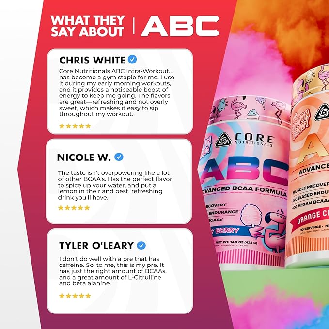 Core Nutritionals ABC Advanced BCAA Supplement | Amino Acid Recovery Blend | with Glutamine Beta Alanine Citrulline Malate | 20 Servings (Australian Gummy Snakes)