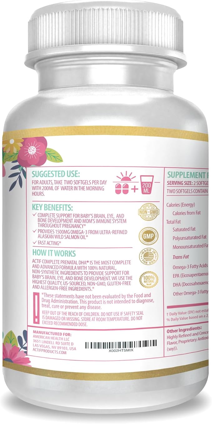 ACTIF Complete Prenatal DHA with 1500mg Omega-3 100% Natural Organic DHA EPA – Non-GMO 90 Count