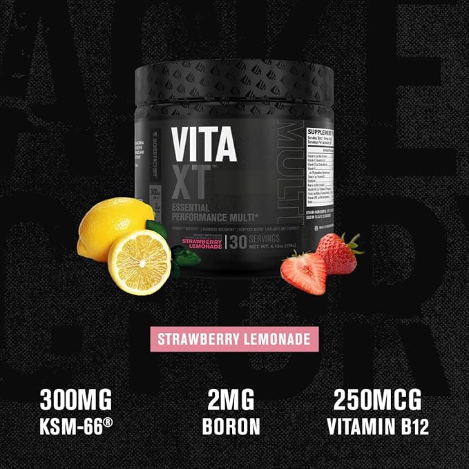 Jacked Factory Vita XT Performance Vitamin Powder - Daily Multivitamin Powder for Men with KSM-66 Ashwagandha Prebiotic Fiber Vitamin A C D K B6 B12 &amp More - Strawberry Lemonade 30Sv
