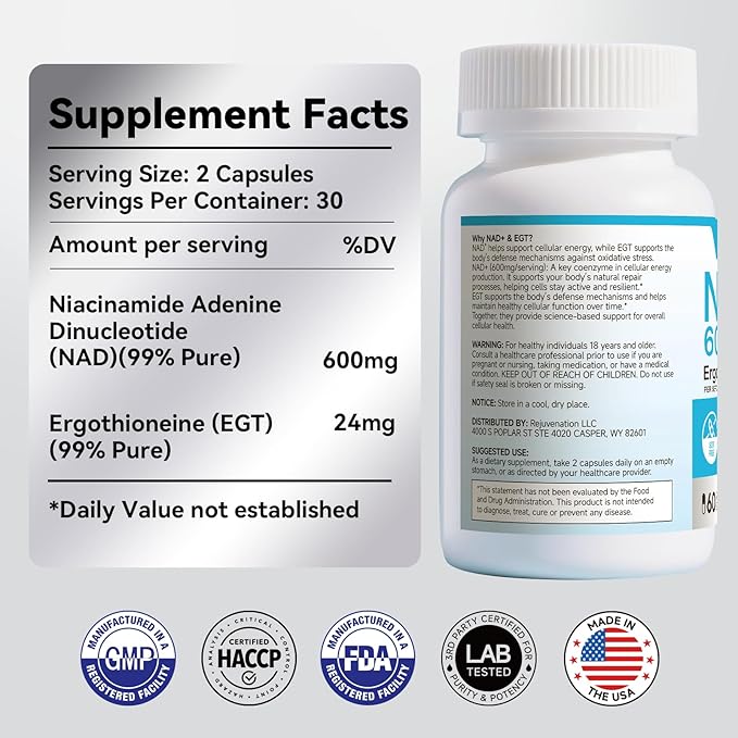 PQM NAD+ 600mg with Ergothioneine 24mg | Supports Cellular Energy Anti Aging &amp Vitality | 99% Pure NAD Supplement | 60 Vegetarian Capsules Third-Party Tested
