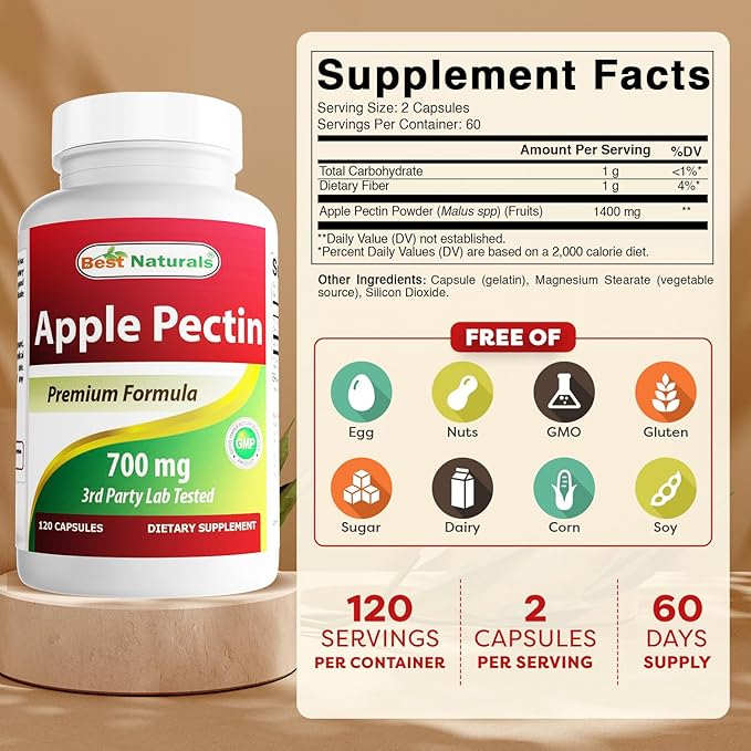 Best Naturals Apple Pectin 700 mg - Dietary Fiber - Intestinal Support - 120 Capsules (120 Count (Pack of 2))