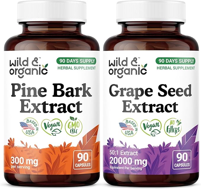 Wild &amp Organic Pine Bark Extract 90 Capsules &amp Grape Seed 90 Capsules