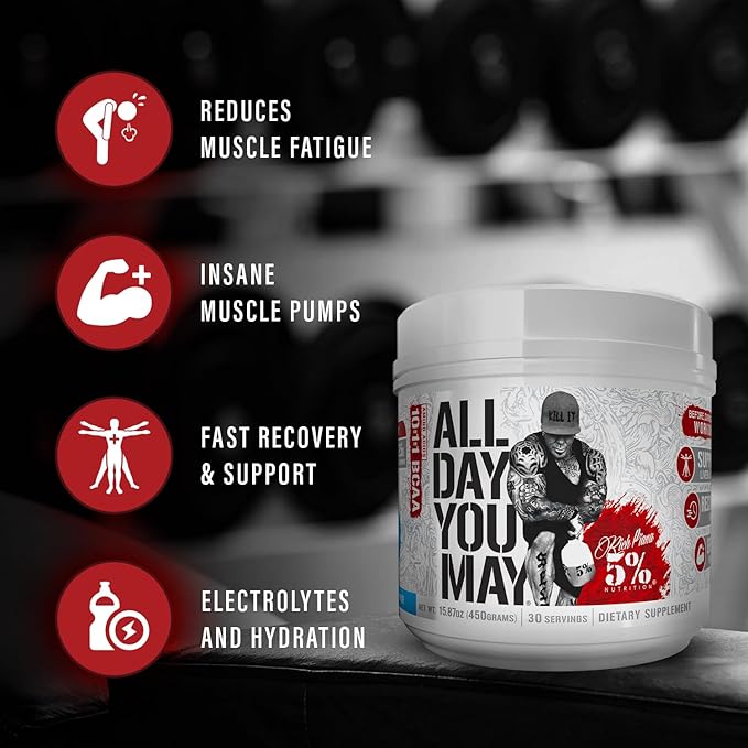 5% Nutrition Rich Piana AllDayYouMay BCAA Powder | Premium Intra &amp Post Workout Amino Acids EAA Electrolytes | Hydration Endurance Recovery | Vegan &amp Keto | 16.93 oz 30 Srvgs (Blue Raspbe