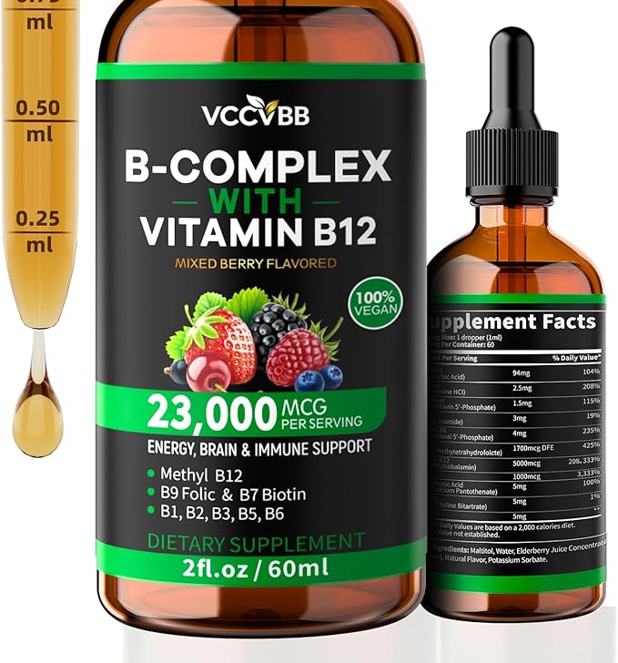 Vitamin B Complex Drops Active B12 Methylcobalamin 5000mcg B6 B1 B2 B5 B7 B3 Folate with Vitamin C B12 Sublingual Liquid Fast Absorption | Boost Energy Focus &amp Immunity Vegan | 60 Servi