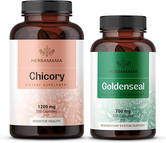 HERBAMAMA Chicory and Goldenseal Kit - Bundle of Chicory Root Capsules 250 &amp Goldenseal Root Capsules - Vegan Non-GMO Sugar &amp Alcohol-Free - 2 Pack