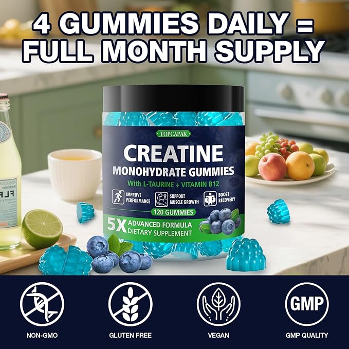 Creatine Gummies for Women &amp Men Creatine Monohydrate Gummies Supplement Pre-Workout Support with Taurine &amp Vitamin B12 Blueberry Flavor Chewable Creatine Gummy 120 Count