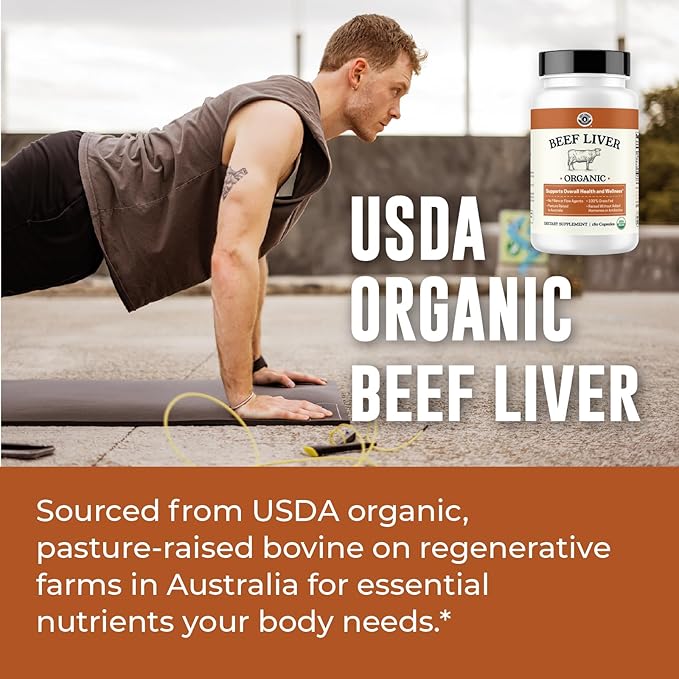 USDA Organic Beef Liver Capsules – Grass Fed &amp Pasture Raised in Australia – Nutrient Dense Superfood for Energy &amp Wellness – No Fillers Freeze-Dried Liver Supplement – 180 Capsules