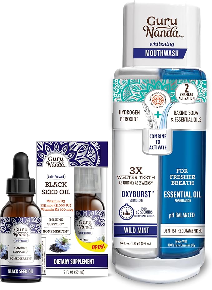 GuruNanda Black Seed Oil Cold-Pressed Nigella Sativa - Rich in Vitamin D3 5000 Units K2 &amp E &amp Dual Barrel Oxyburst Whitening Mouthwash - Contains Hydrogen Peroxide