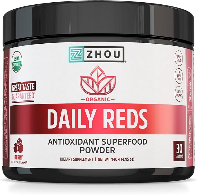 Zhou Organic Reds Powder - Red Powder Superfood with Beetroot Super Fruits Goji Berry &amp Tart Cherry Antioxidant Support for Whole-Body Health - Natural Berry Flavor 4.95 oz (30 Servings)