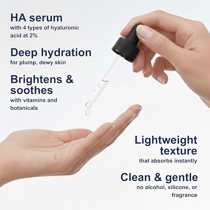 Hyaluronic Acid Serum with Vitamin B5 for Face | Lightweight Hydrating Face Serum for Dry &amp Sensitive Skin | 4 Types of HA at 2% with Vitamin C &amp E | Oil-Free &amp Fragrance-Free 4 fl oz