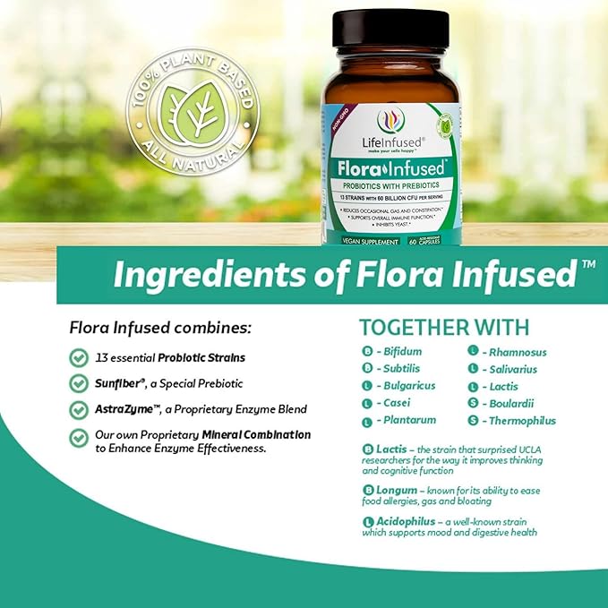 Life Infused Flora Infused Probiotics with Prebiotics – 60 Billion CFU 13 Strains + Enzyme Blend for Digestive &amp Gut Health Support Bloating &amp Regularity Support Shelf Stable Probiotic – 60
