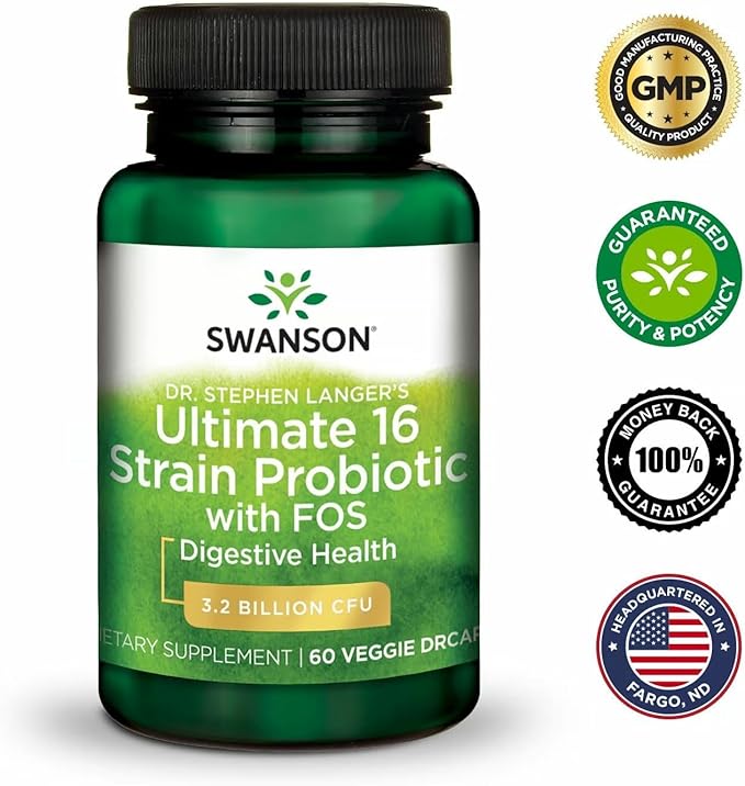 Swanson Dr. Stephen Langer's 16-Strain Probiotic with Prebiotic FOS for Gut-Health-Conscious Adults with 3.2 Billion CFU (60 Vegan Capsules 3 Pack)