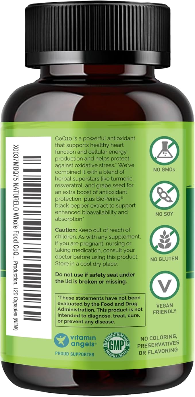 NATURELO Whole Food CoQ10 with Heart Health Blend Powerful Antioxidant for Energy Production 120 Capsules (Pack of 2)