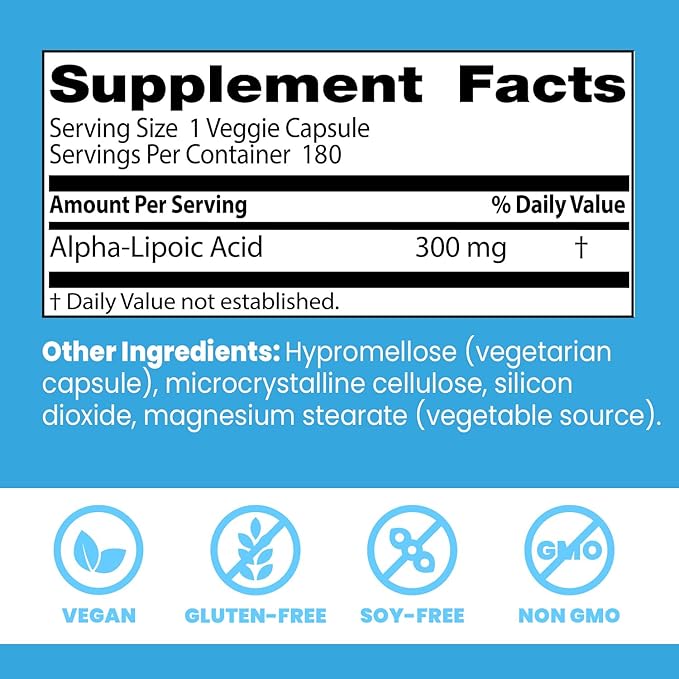 Doctor's Best Alpha Lipoic Acid Supplement 300mg - Alpha-Lipoic Acid Caps for Men &amp Women ALA Antioxidant Support for Nerve Health Aids in Cellular Function Non GMO Gluten Free - 180 Veg Capsu