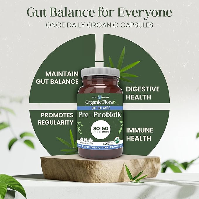 Vital Planet - Organic Flora Probiotics for Gut Health Balance Shelf Stable Probiotic 30 Billion CFU 60 Diverse Strains Prebiotic Organic Mushroom Blend for Immune and Digestive Support 30 Capsules