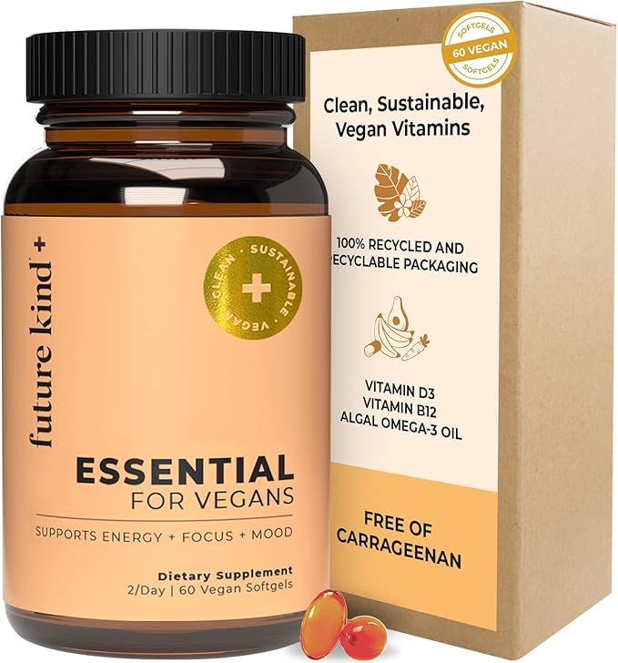 Future Kind 3 in 1 Daily Multivitamin - for Energy Clarity Active Wellness Support with B12 D3 and Algal Omega-3 - Essential Vegan Multivitamin for Women &amp Men - Tiny Citrus Softgels (60 Count
