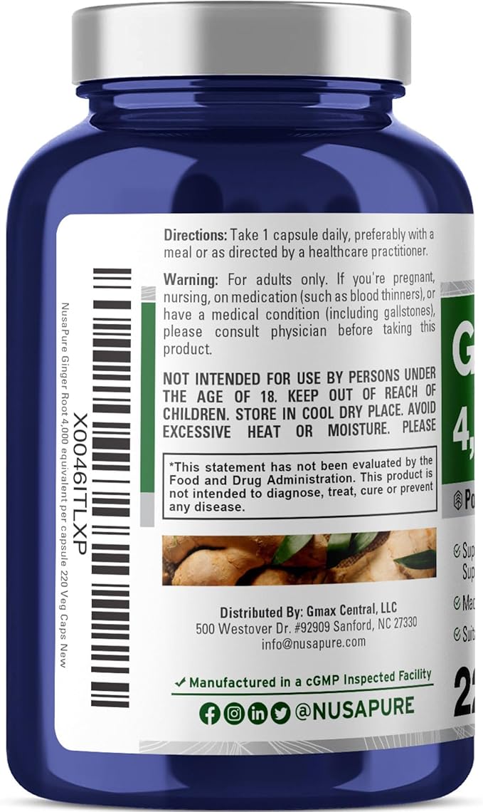 NusaPure Ginger Root Capsules 20:1 Extract 200 mg Equivalent to 4000mg per Veggie Caps | 220 Count | Non-GMO (Pack of 2)