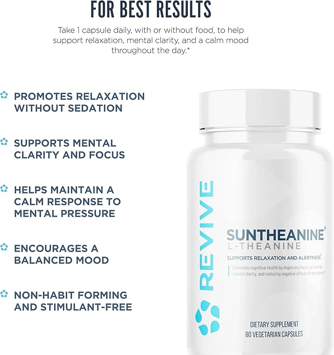 Revive MD Suntheanine L-Theanine Supplement for Men and Women - Supports Fatigue &amp Brain Function for Calm Mood Mental Clarity Focus &amp Relaxation - Vegan &amp Gluten-Free (60 Capsules 60 S