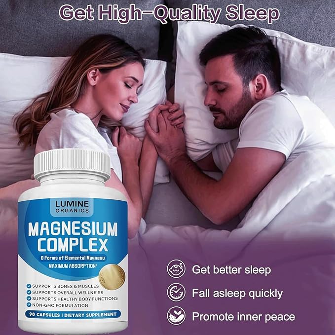 Lumine Organics Magnesium Complex Supplement 1000mg- Advanced 8-in-1 Magnesium Blend - Glycinate Citrate Malate Taurate etc.– High Absorption Formula – Non-GMO– 90 Capsules