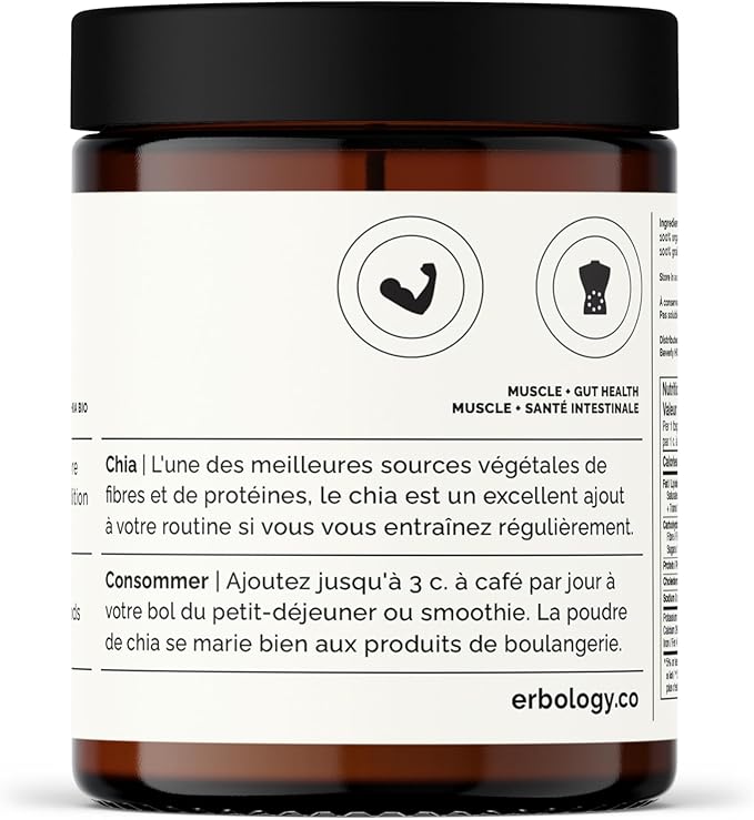 Erbology Organic Chia Powder 3.2 oz - Cold-Pressed from 100% Chia Seeds - Rich in Fibre Protein and Minerals - Raw Vegan and Gluten-Free - Non-GMO - Recyclable Glass Jar