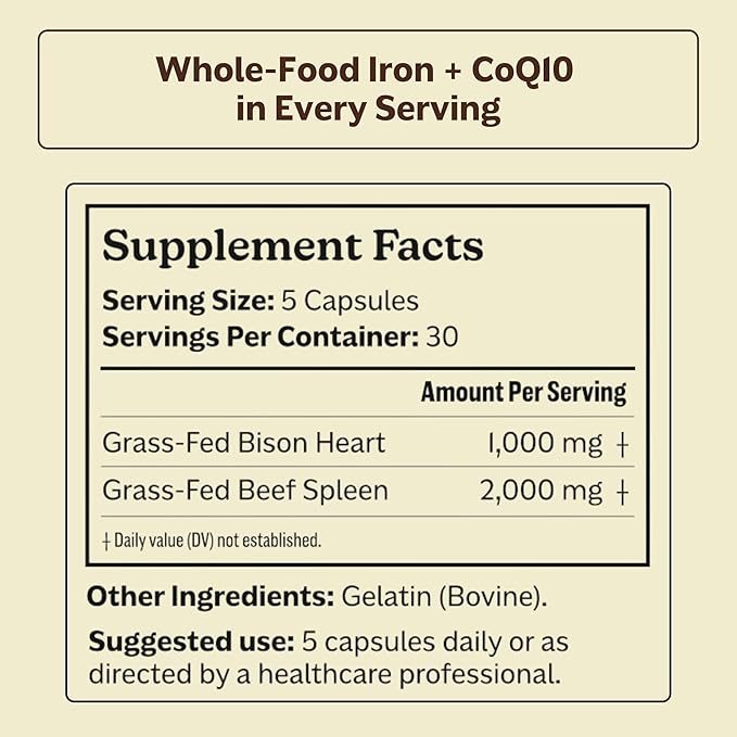 MK Supplements IRONCLAD | Beef Spleen &amp Bison Heart Capsules | ~58% DV Heme Iron + CoQ10 | No GI Distress | Freeze-Dried | 150 Capsules