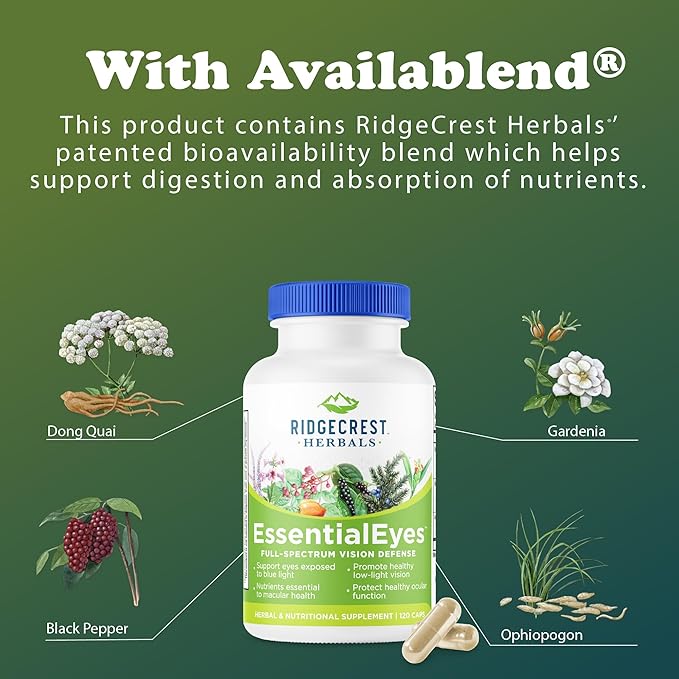 Ridgecrest Herbals EssentialEyes Natural Eye Vitamin Supplements Contains Lutein Zeaxanthin Bilberry Extract Supports Eye and Vision Health (120 Vegan Caps 30 Serv)