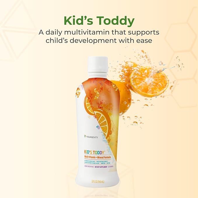 Youngevity Kid's Toddy™ - Mega Multivitamin for Kids &amp Children Age 2+ - 14 Vitamins 10 Minerals Phytonutrient Blend - Highly Absorbable - Great Tasting Orange 32 Fl Oz (Pack of 2)