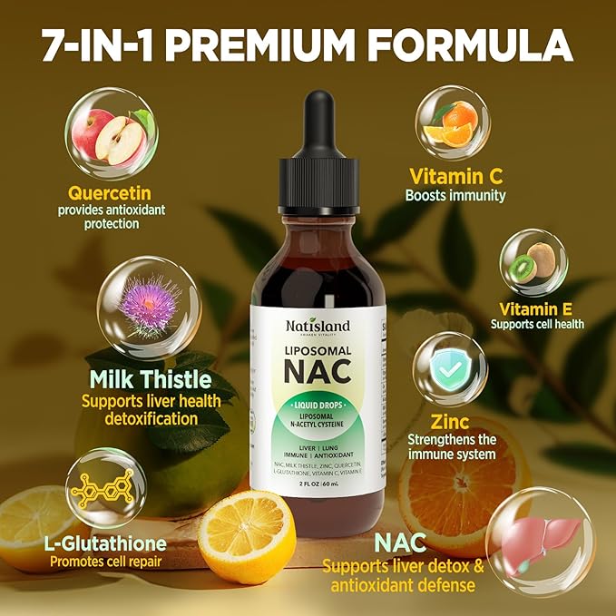 Liposomal Liquid NAC Drops NAC Supplement N-Acetyl Cysteine NAC 600 mg with Milk Thistle &amp Quercetin for Adults &amp Kids Liver &amp Lung Immune &amp Antioxidant Support Skin &amp Cellula