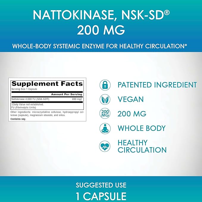 Source Naturals NSK-SD Nattokinase Vegetarian Friendly Whole Body Systemic Enzyme for Healthy Circulation* 200 mg - 60 Vegetarian Capsules