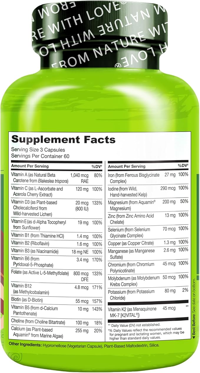 NATURELO Prenatal Multivitamin with Gentle Chelated Iron Methyl Folate Plant Calcium &amp Choline - Vegan Vegetarian - Non-GMO - Gluten Free - 180 Capsules - 2 Month Supply
